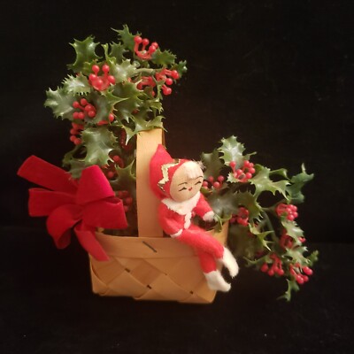 Vintage 1960s Christmas Felt Pixie Elf in Basket Holiday MCM Shelf Decor Japan