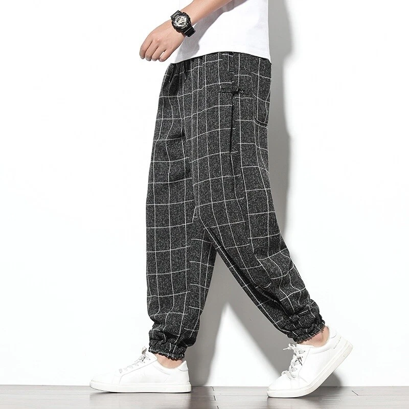 Pantalons Harem Tartan Écossais Décontractés Homme Rétro Beige Noir Gris - Photo 1/4