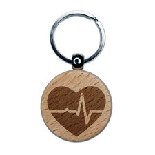 EKG Pulse Heart Beat Engraved Wood Round Keychain Tag Charm