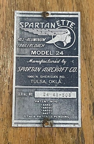 1948 Spartan Spartanette Trailer Model 24 Data Plate! All Original & Great Shape