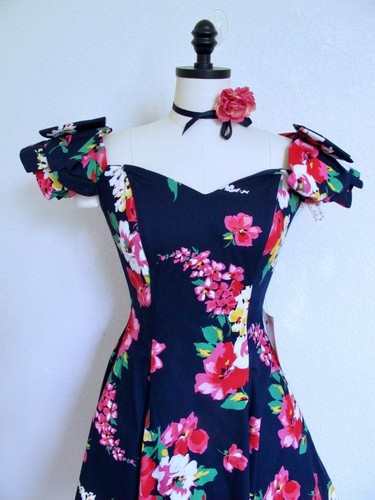 NOS Vtg 80s Roberta Floral Party Dress 2 XS Off Shoulder Bows Flare Full Skirt - Picture 7 of 18