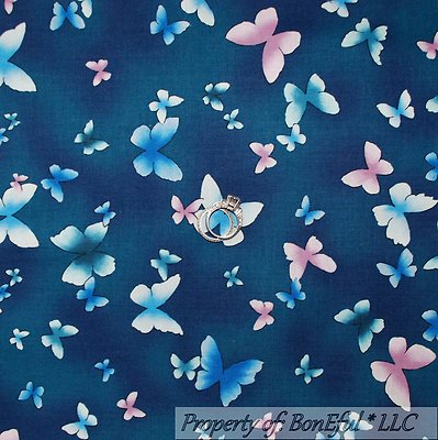BonEful Fabric FQ Cotton Quilt VTG Blue Pink Tone Calico Butterfly Spring Summer