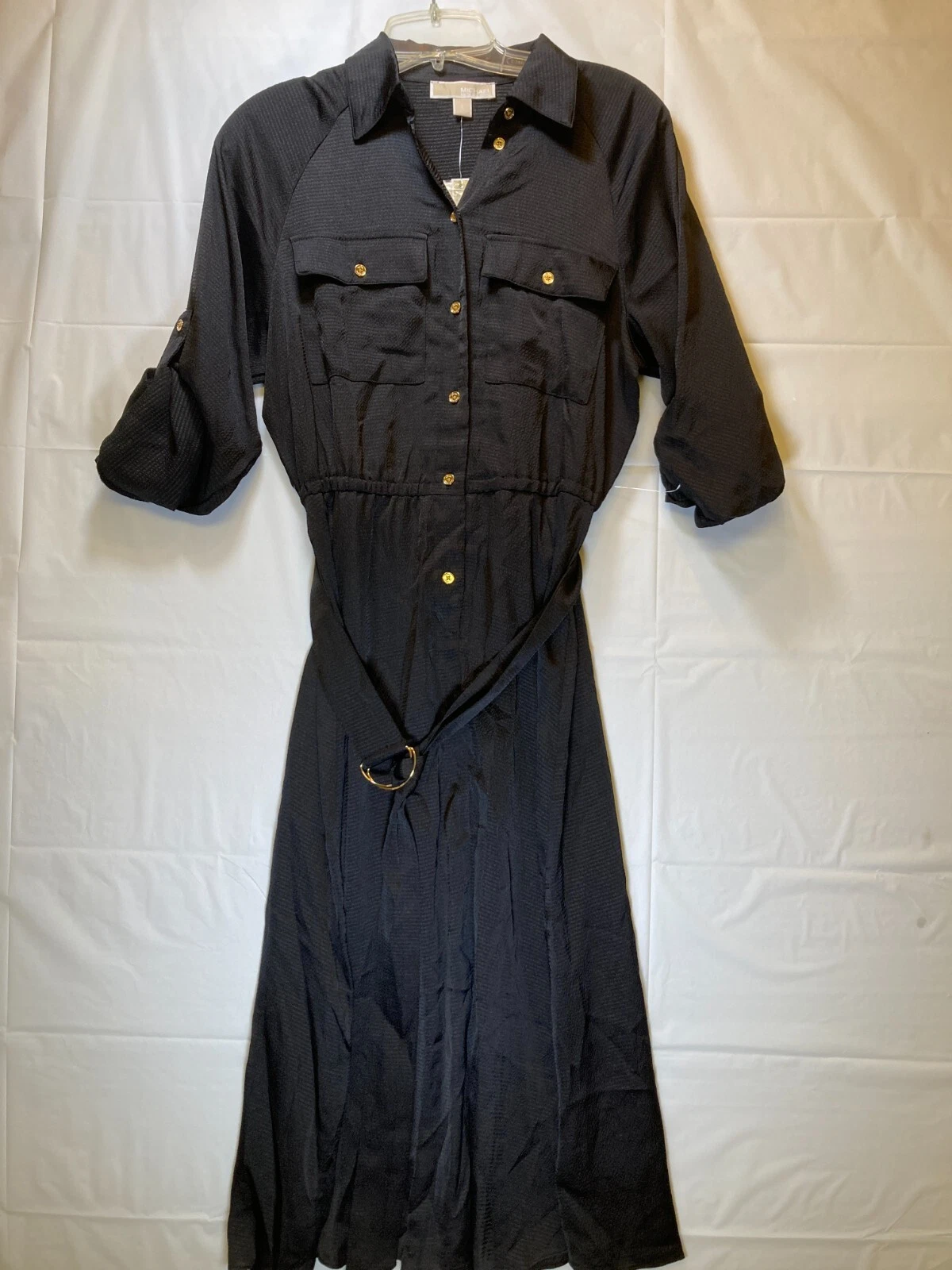 Michael Kors abito utility manica arrotolata donna nero con cintura colletto piccolo