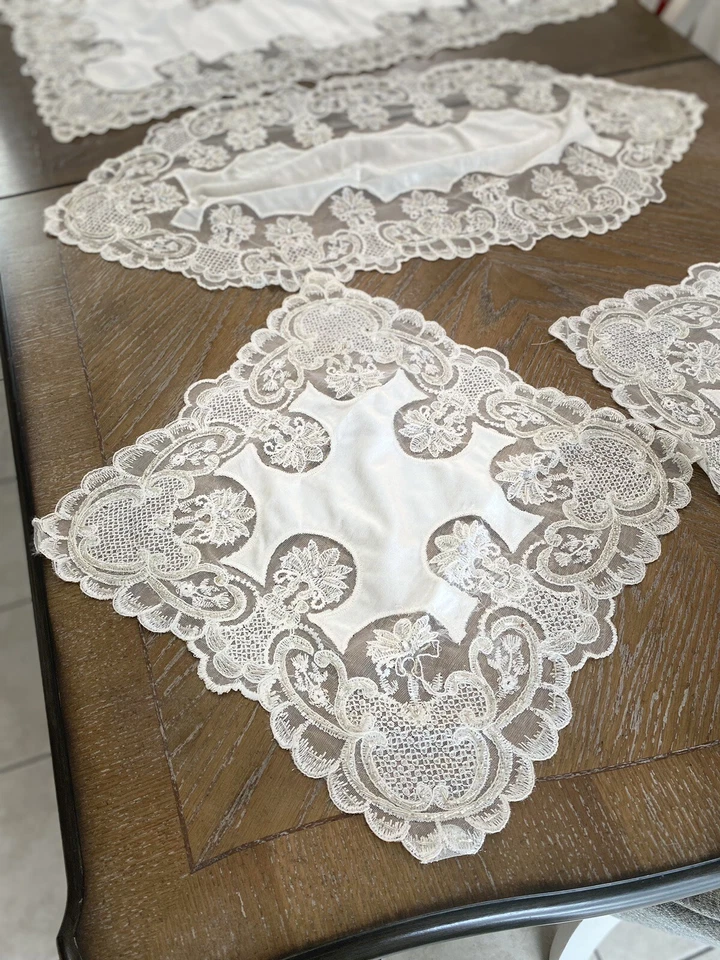 home decor table covers 4 pieces set Velvet Tablecloth ,Bead embroidery , White - Image 4 of 4