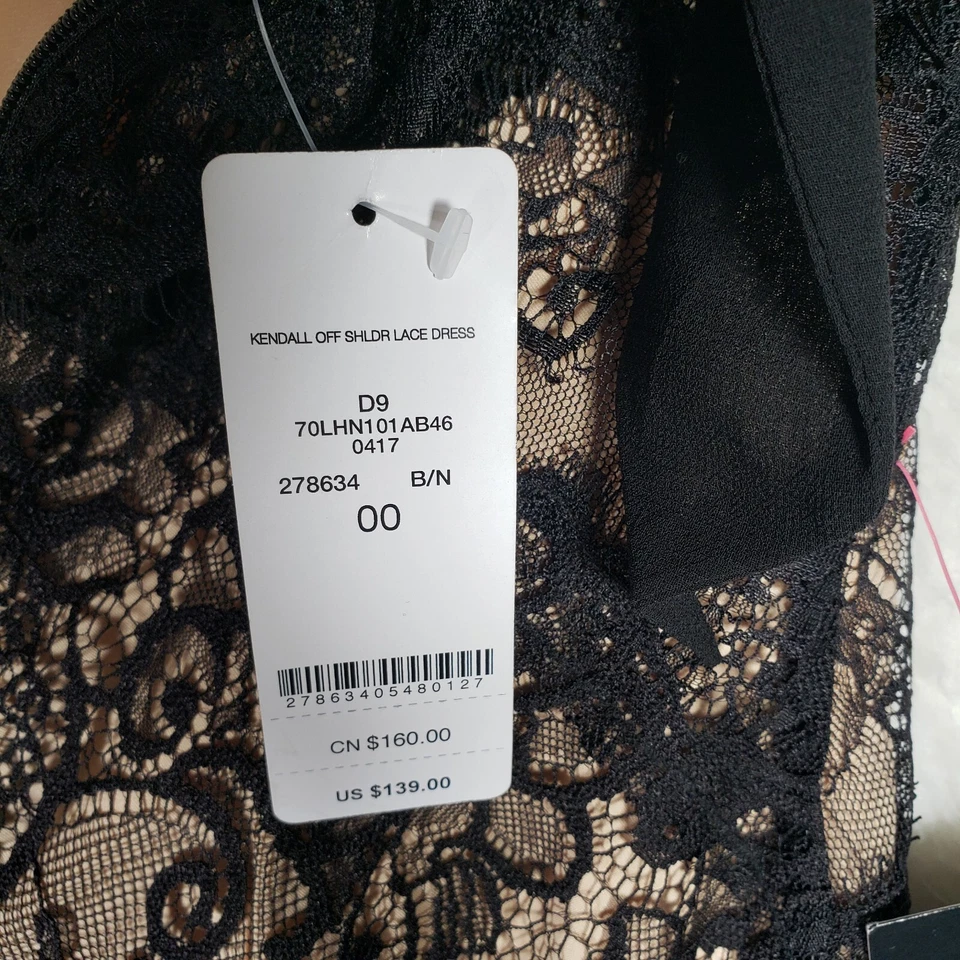 New BEBE Dress Size 00 Kendall, Off Shoulder, Tie Neck, Lace Black Gold NWT - image 2 of 4