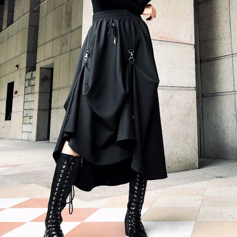 Gothic Punk Women High Waist Skirts A-Line Elastic Waist Casual Long Skirt  Party