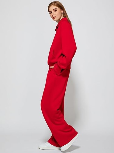 Women's 2 Piece Outfits Lounge Set Half Zip Wide Leg Set Sweatsuit Tracksuit - Picture 69 of 114
