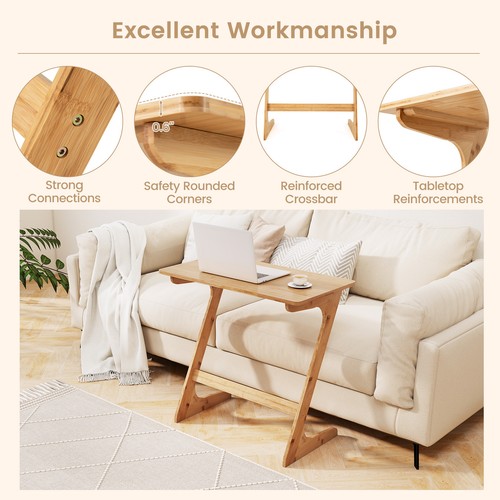 Bamboo Sofa Side Table Z-Shaped Spacious Tabletop Space-Saving TV Snack Tray - Picture 6 of 11
