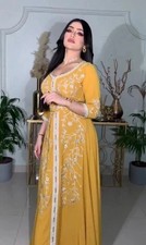 Yellow Dubai Farasha Abaya Georgette Islamic Hand Work Kaftan Eid SALE Moroccan