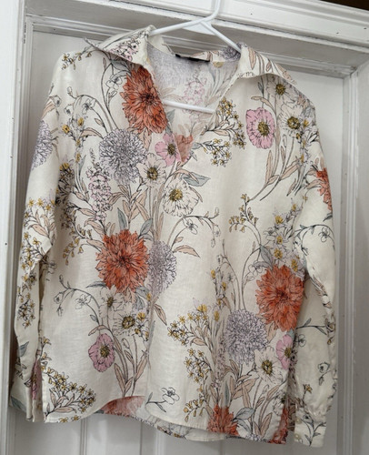Ann Taylor, Ann Taylor Women’s XS Long Sleeve Floral Button-Up Shirt White Multicolor Linen