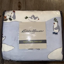 Eddie Bauer Home Twin Size Flannel Sheet Set Penguins Ice Skating NEW All Cotton