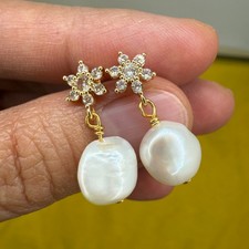 Natural Freshwater Pearl Earrings 14K Gold Plated Zircon Snowflake Drop Jewelry