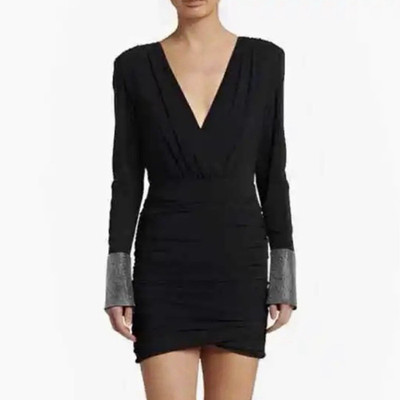 NWT Ronny Kobo Penny Dress XS Black Crystal Cuff Ruched Mini Dress $538