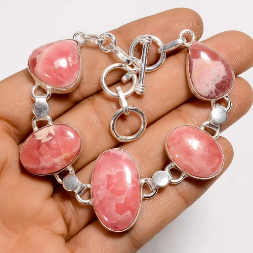 Natural Rhodochrosite Gemstone 925 Silver Handmade Bracelet 6-8" ARB-1335