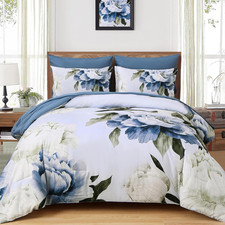 Blue Floral King Comforter Set 7 Piece Bed in a Bag Microfiber Bedding Set