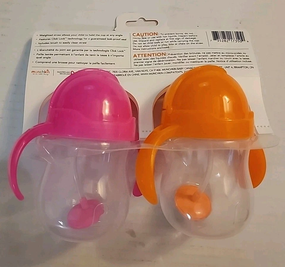 Taza Entrenadora de Paja Munchkin Cualquier Ángulo Bloqueo de Clic Peso 2pk - 7oz Naranja/Rosa Foto 2 de 2
