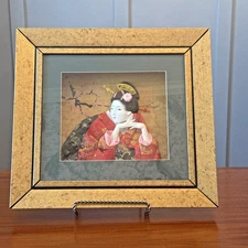 VINTAGE Japanese 3D Porcelain & Fabric Geisha Girl Framed & Matted Shadow Box