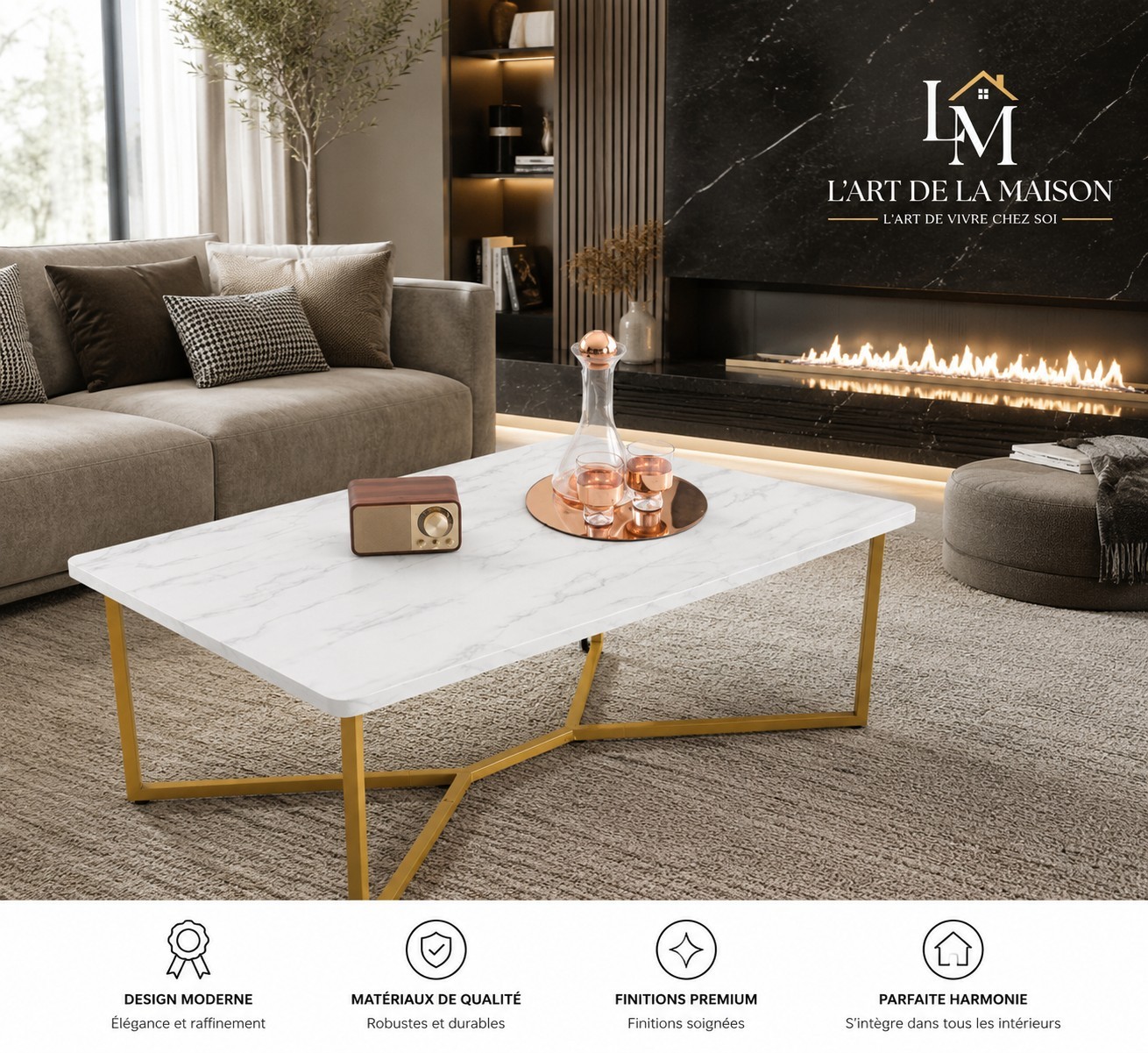 Table basse marbre blanc pieds dores design luxe moderne pour grand salon contemporain