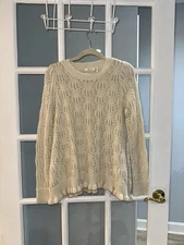 OhMG crochet ruffle Hem Textured Sweater Sz S Grandma core granny knit fuzzy tan