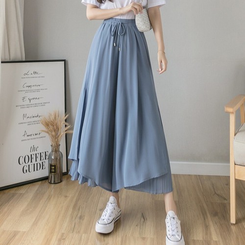 Lady Chiffon Wide-Leg Cropped Trousers Skirt Pants Culottes Drawstring Thin - Picture 12 of 16