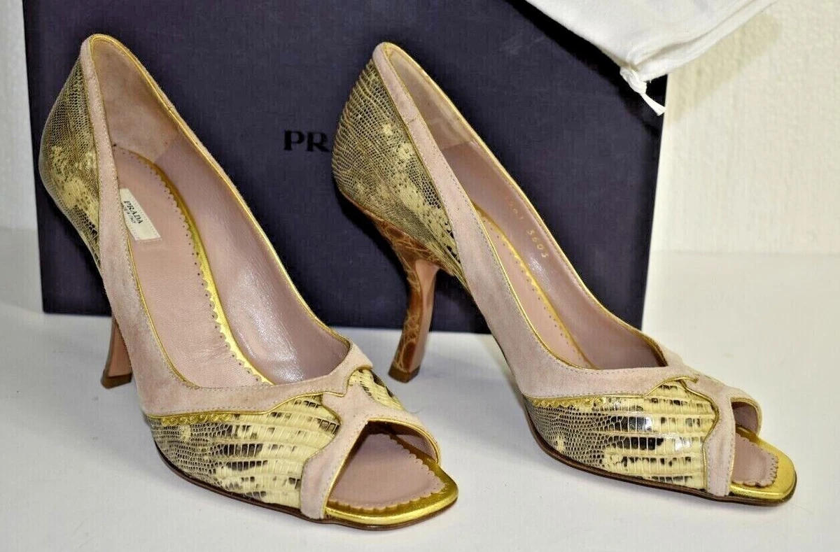 NEW Prada Heels Pumps Lizard Leather Suede Alligator Nude Beige