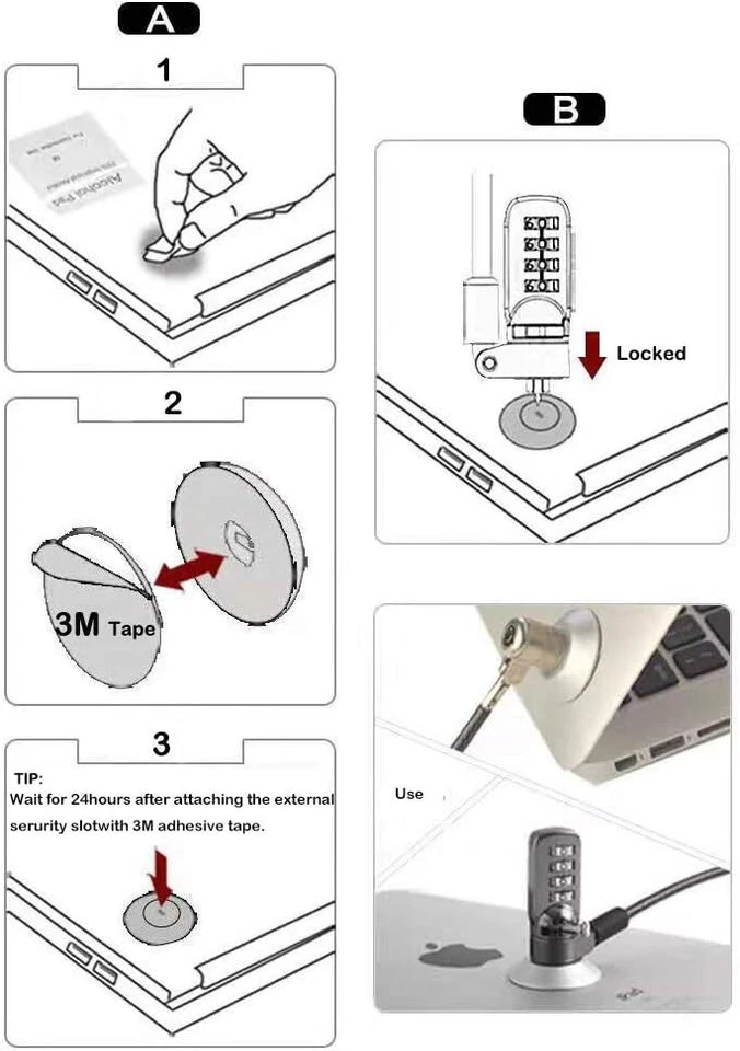 Tablet Phone Pad Laptop Computer Lock Security 4 Digit Password 2 Keys Adhesive - image 3 of 4