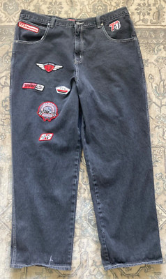 VTG BAGGY JEANS 42X34 FNF RALLY 777 BLACK DENIM MENS HIP HOP COTTON RUSSIA RACE