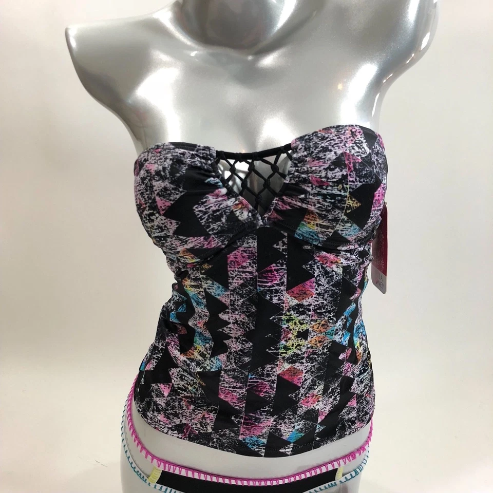 Traje de baño Tankini de dos piezas Hula Honey talla XS negro rosa geométrico para mujer NUEVO Foto 3 de 4