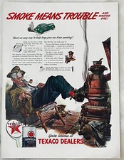 1942 magazine ad for Texaco - Smoke means trouble, stove burns shoes by Dorne