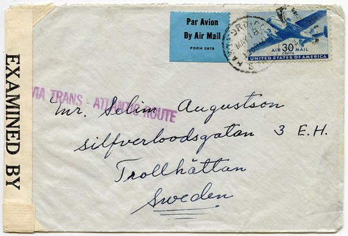 TRANSATLANTIC AIRMAIL HANDSTAMPED WW2 CENSORED+DENMARK+SWEDEN+GERMANY+CLIPPER - Picture 8 of 17