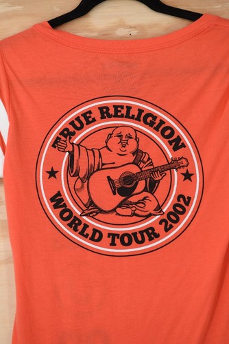 True Religion World Tour Scoop V-Neck Football Orange T-Shirt Womens Small - Picture 5 of 5