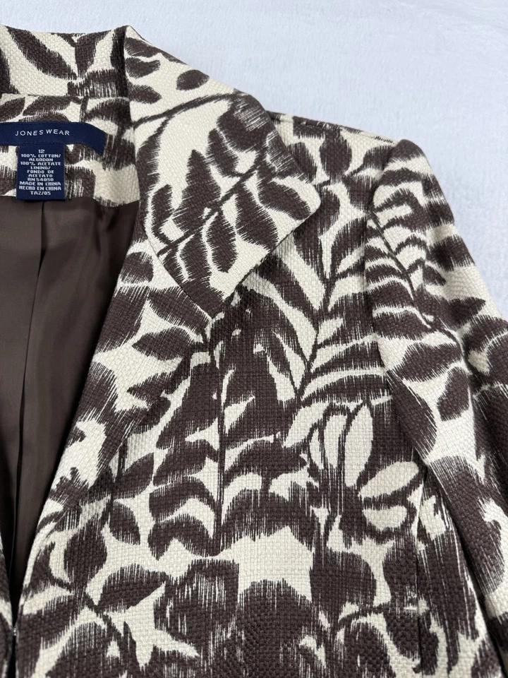 Jones Wear Lined Brown/Tan Floral Textured Eye Hook Closure Blazer Jacket Sz 12 - Image 4 of 4
