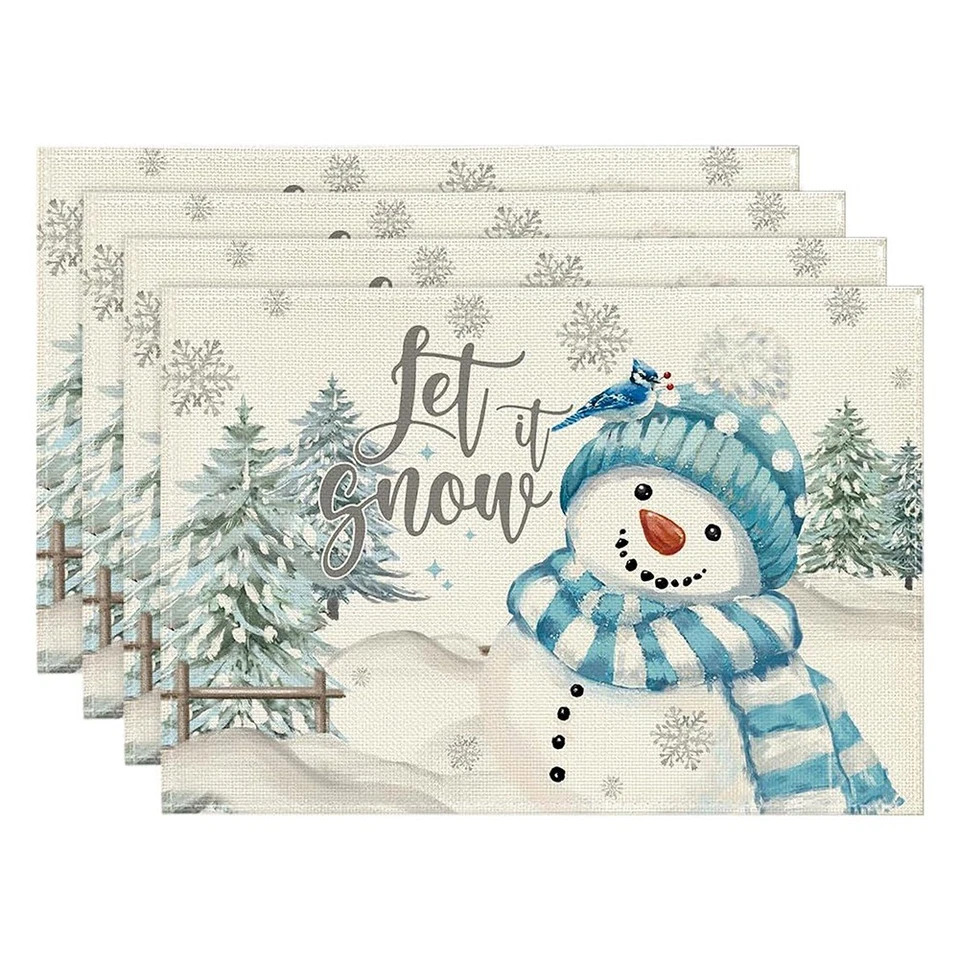 4PCS Xmas Trees Snow  Christmas Placemats Winter Table Mats for Kitchen2928