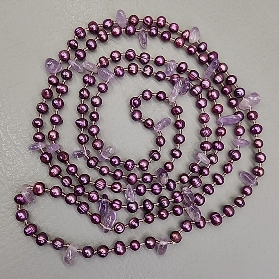 Collar con cuentas de perlas de agua dulce teñido púrpura amatista piedra detalles largo 70" Foto 4 de 4