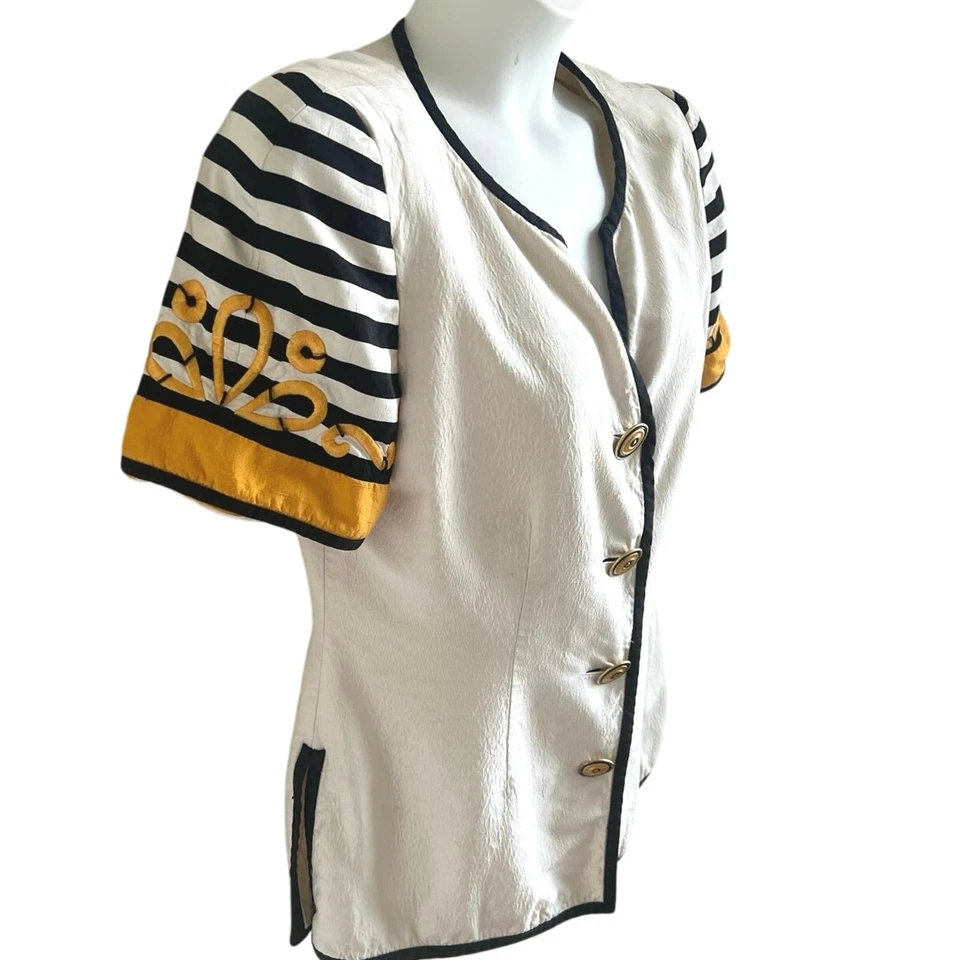 Vintage Saks Fifth Avenue Silk Top Sz 16 Nautical Stripe Puff Sleeve Gold Trim - Image 3 of 4
