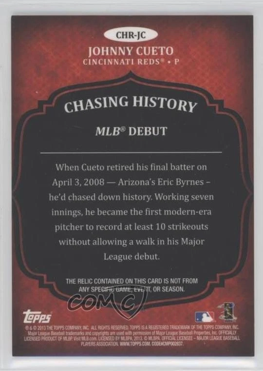 2013 Topps Chasing History Relic Johnny Cueto #CHR-JC - Image 2 of 2