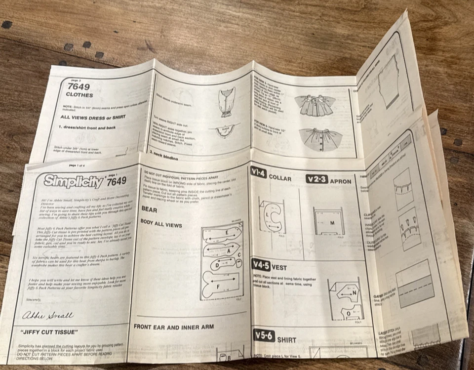 Sewing Pattern Simplicity 7649 Stuffed Bear And Clothes - UNCUT - Image 3 of 4
