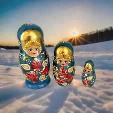 Mockba 1993 Vintage Artist Signed Nesting Doll Set 3 Pieces Hand Painted by C.B.