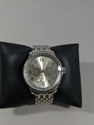 Silver Tone Dial Round Case 42.5 mm Block Style Band Watch 7.5 Inch