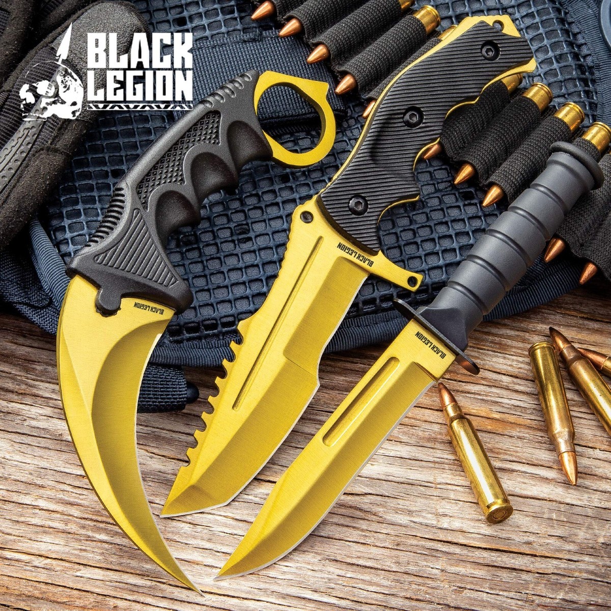 Black Legion Triple Knife Set - Solar Gold | Karambit, Survival