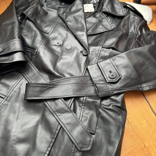 ZARA DOUBLE BREASTED BLACK FAUX LEATHER TRENCH COAT BELT Long size XS 4432 - Picture 11 of 19