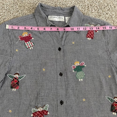 VICTORIA JONES Christmas Shirt Size S Long Sleeve Gray Angels Embroidered - Picture 5 of 8