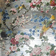 Silver foil metallic blue Chinoiserie blossom branches birds flowers wallpaper