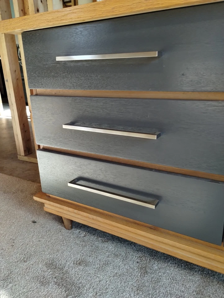 Mid Century 50's-60's Blonde Wood Dresser Grey Drawers SS Pulls Restored Ex Cond - Image 4 of 4