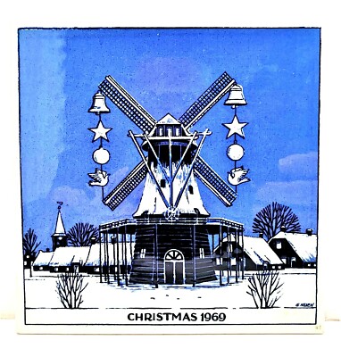 Vintage Hand Painted Porcelain Royal Delft Blue 6  1969 Christmas Tile