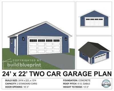 24' X 22' Standard Two Car Garage Construction Plans - PDF Download