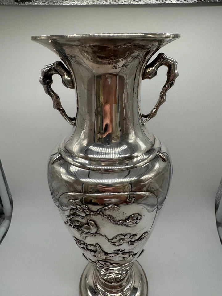 Jarrón grande de plata de exportación china Pao Kuang con aves búho y floral era de diciembre de 1830-1860 Foto 2 de 4