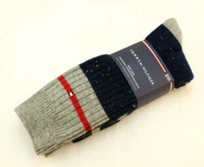 New TOMMY HILFIGER 2 Pr Size 7-12 Blue Gray With Logo Wool Blend Men's Boot Sock