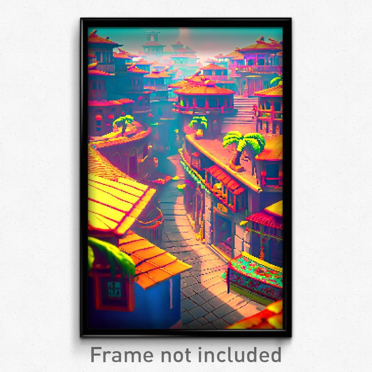 8-Bit Psychedelic Pixel Art Poster - Dizzying Exotic Town Video Game Print