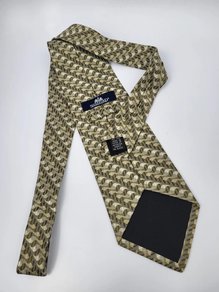 Stafford Silk Tie Gold Brown Gray Geometric Men Necktie 58 x 4 - Image 4 of 4